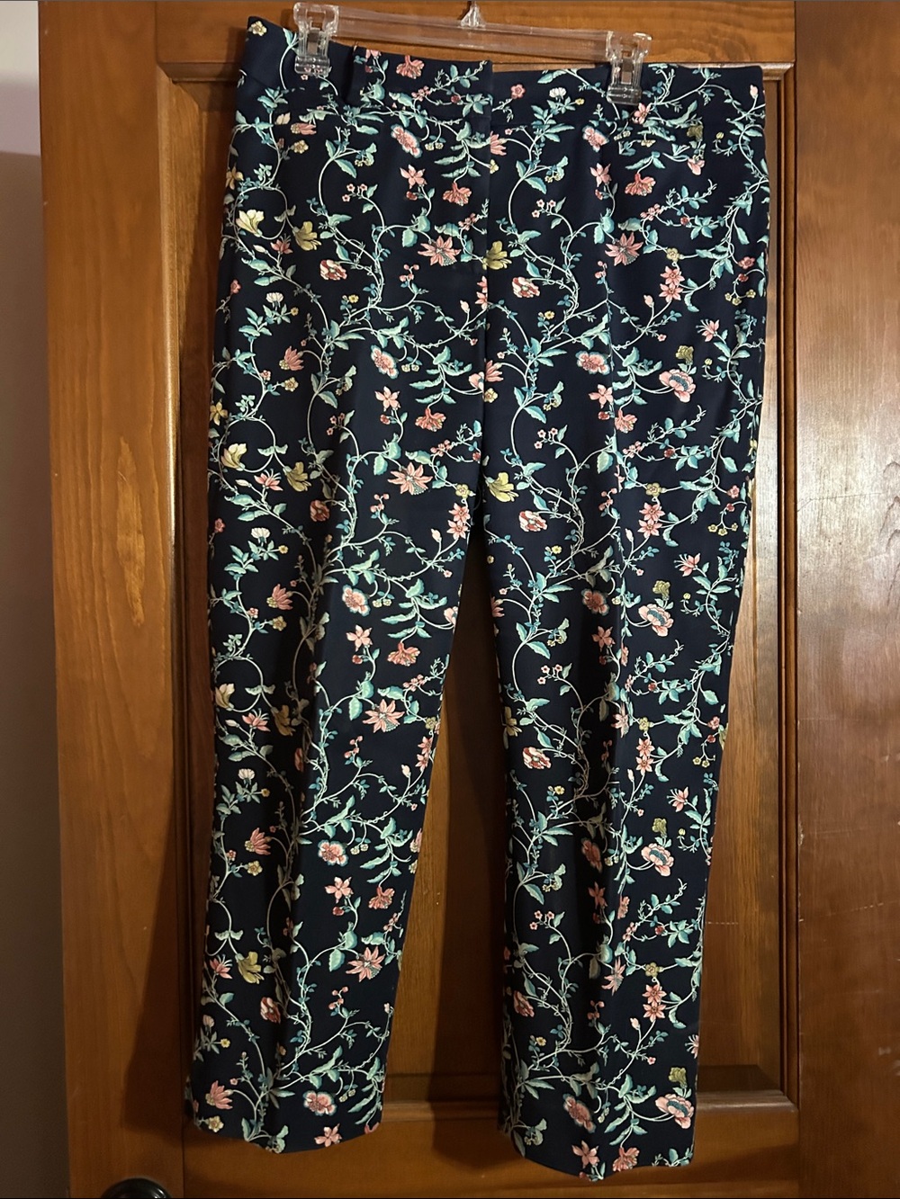 LOFT Navy Straight Leg Pants with Pink & Green Floral Print